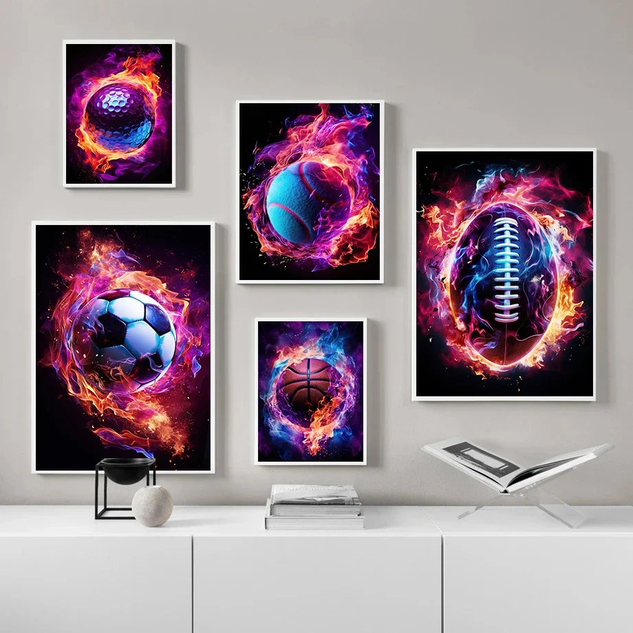 Multiple sizes 1pc frameless Canvas Painting,1pc frameless Canvas Painting Sports Legends Flame Engulfed Tennis Ball Posters Hel