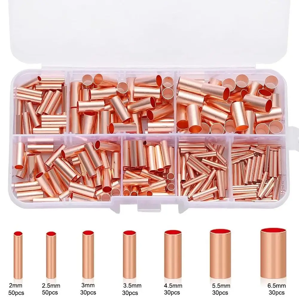 

250Pcs 7 Size Wire Ferrules Kit Copper Straight Tube Copper Crimp Connector Non Insulated Boxed Terminal Assortment Kit