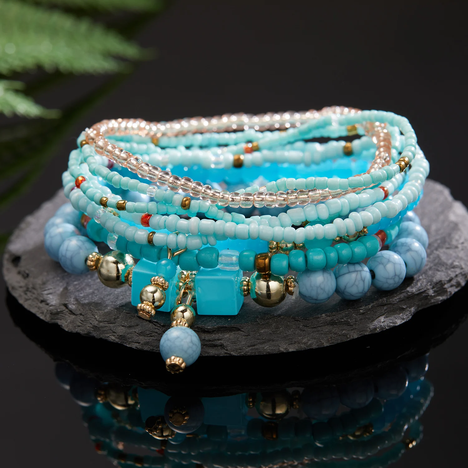 Bohemian Multilayer Rice Beaded Bracelet Set For Women Colorful Beads Crystal Natural Stone Bracelet Bangles Party Charm Jewelry