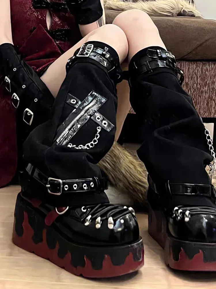 

Винтажные гетры в стиле панк Jk Lady Cross в стиле пэчворк Harajuku Streetwea с цепочкой, повседневные носки 2025 Y2k, эстетические черные носки с поясом в стиле гранж