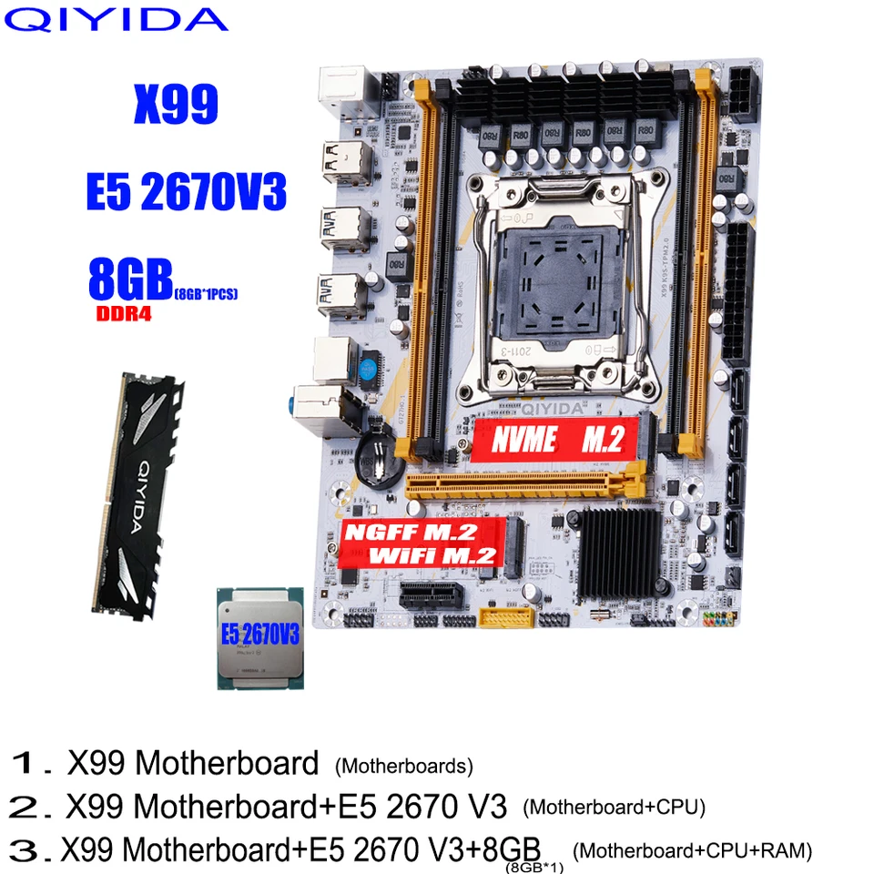 Kit de Placa-Mãe QIYIDA X99 com CPU Xeon E5 2670 V3 LGA2011-3 (1