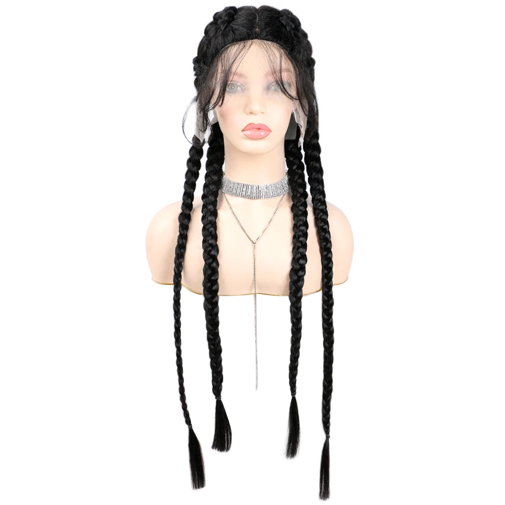 Wig Renda Depan Kepang Sintetis dengan Rambut Bayi Wig Rambut Kepang Panjang 32 Inci Wig Renda Kepang Sintetis Wig Suhu Rendah