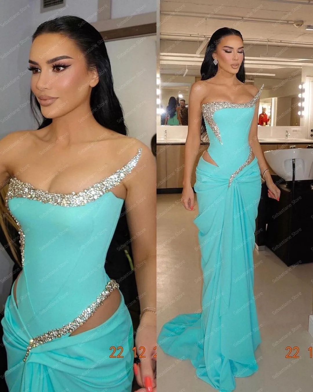 Stunning Blue Prom Dresses Beaded Crystals Women Evening Gowns Red Carpet Strapless Ruffles Chiffon Celebrity Formal Party Dress