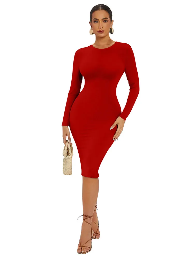 Nieuwe strakke zeer elastische damesjurk mode effen kleur sexy lange mouwen damesjurk gewikkeld bodycon midi-jurk