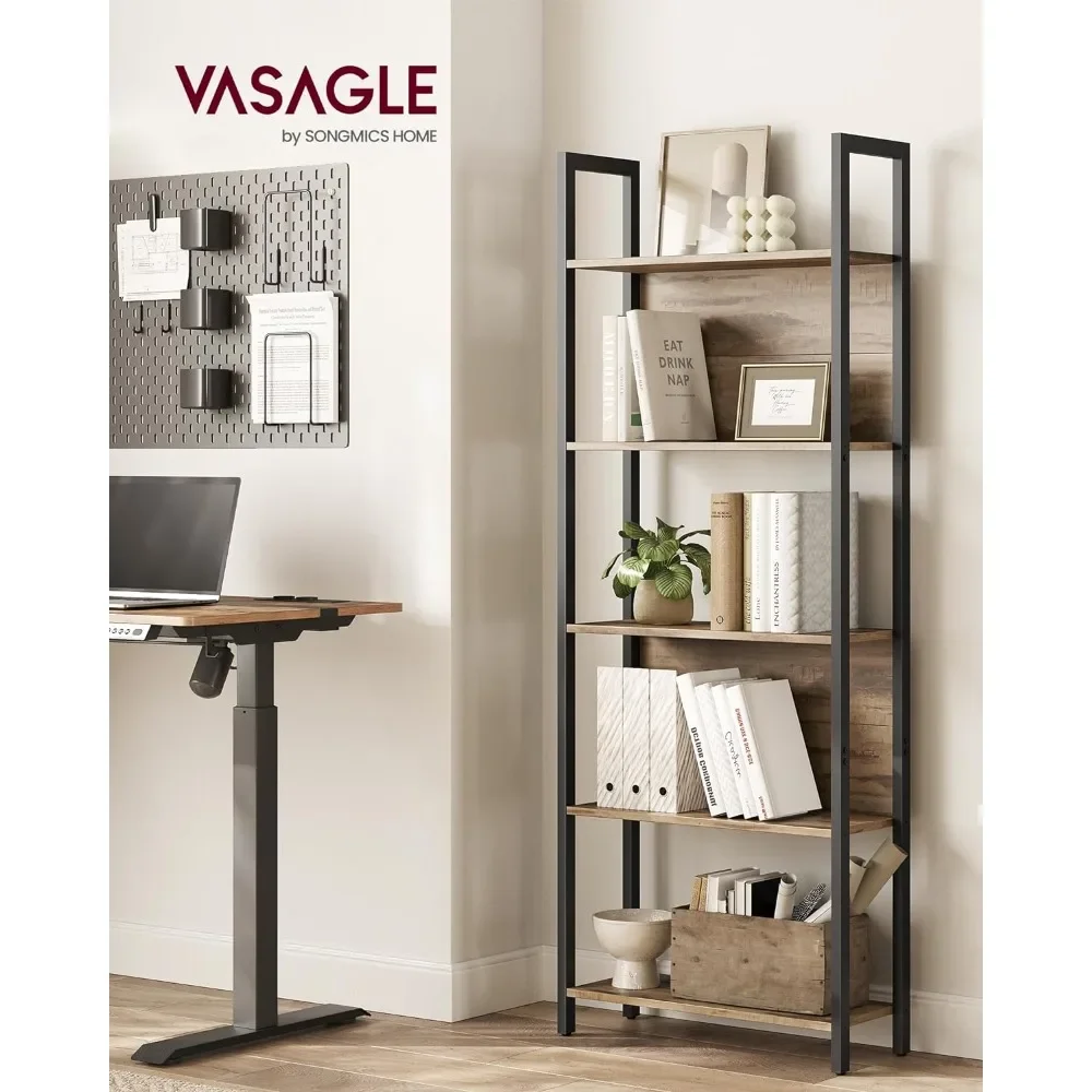 5-Tier Bookshelf Book Shelf,Industrial Bookcase,with Steel Frame,for Living Room, 9.4 x 24.4 x 65 Inches, Camel Brown and Black