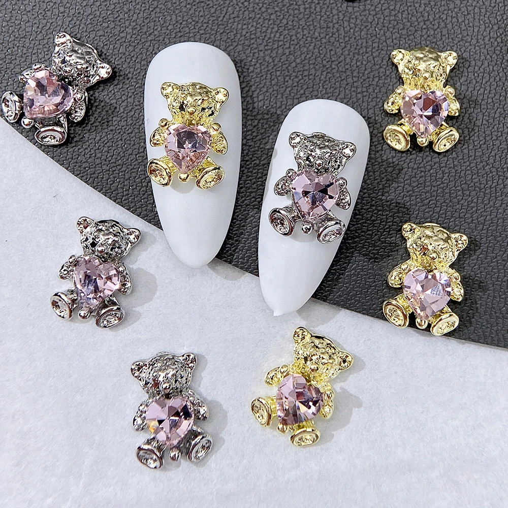 10 pz 3D Lega Rosa Cuore Orso Strass Per Unghie Zircone Lucido Orso In Metallo Abbraccio Amore Pendenti E Ciondoli Per Unghie Lusso Orso Sveglio Gioielli per Manicure
