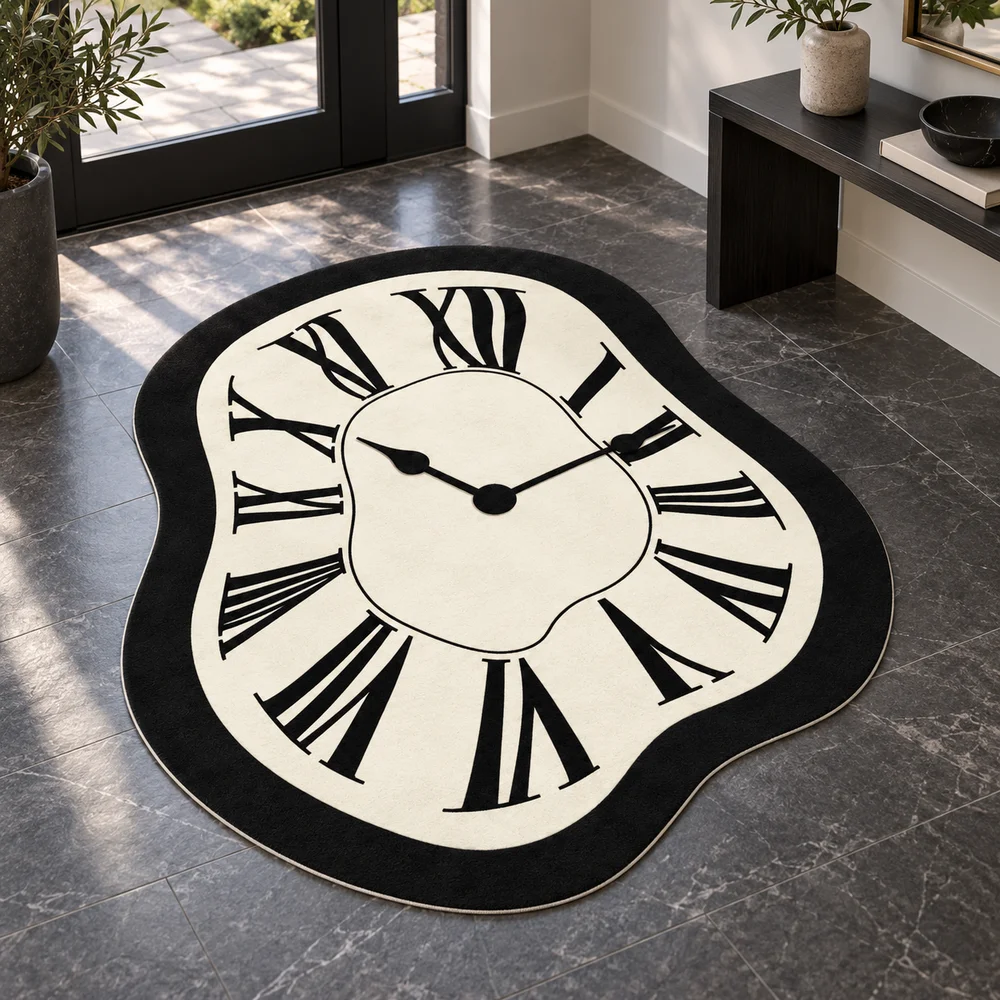 Warped Roman Numeral Clock Shaped Area Rug, Soft Flannel Floor Mat for Foyer, Living Room, Bedroom, Office and Chic Home Decor