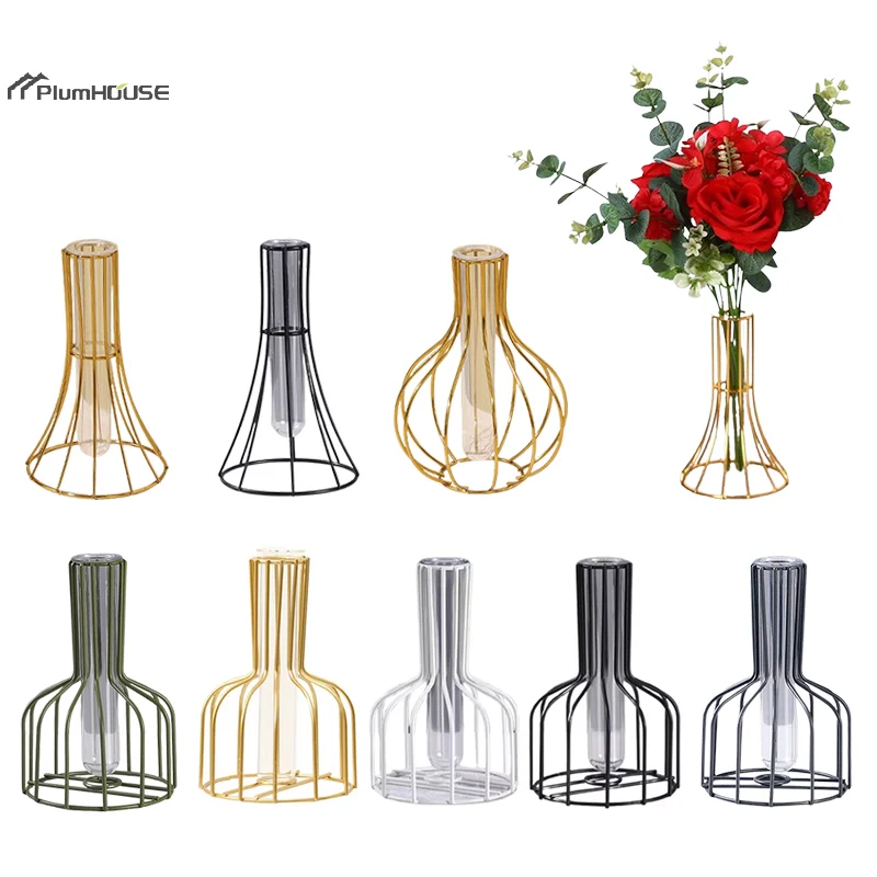 Hollow Out Iron Solid Color Vase Transparent Artificial Flower Dried Flower Arrangement Container Home Living Room Decoration