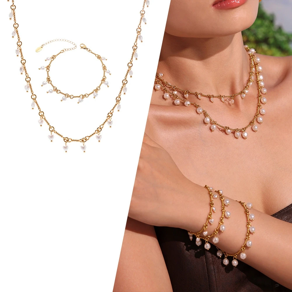 Fashion Splicing Heart Pearl Handmade Necklace Bracelet Quality Gold Color PVD Plated Stainless Steel Premium Jewelry