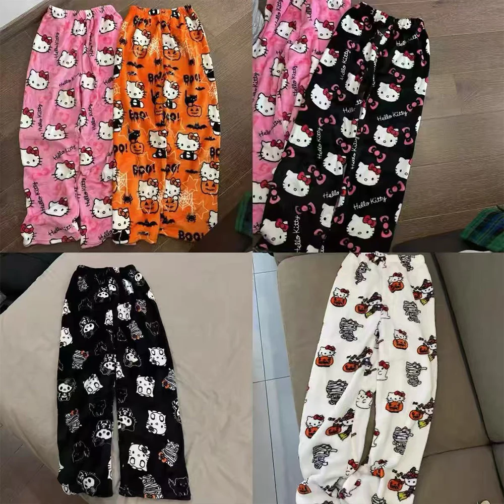 Y2K Hallo Kitty Sanrioed Frauen Plüsch Pyjama Hosen Anime Kawaii Baumwolle Hosen Winter Warm Halten Verdicken Hause Hosen Nette Hip Hop