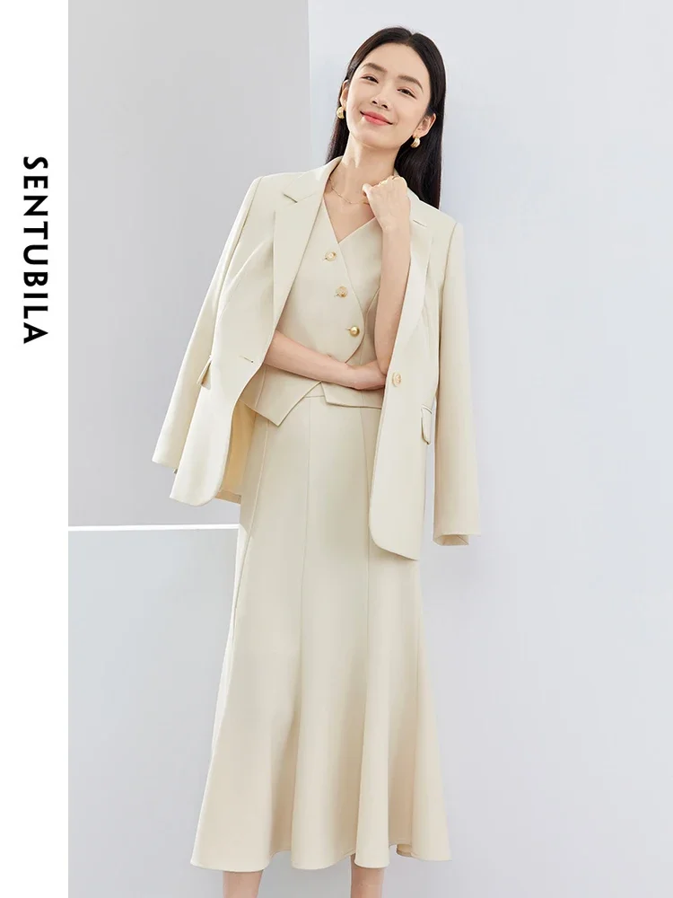 SENTUBILA Office Wear 3 Piece Skirt Sets Women 2025 Autumn Outfits Waistcoat Blazer Trumpet Skirt Suit Lady Clothing 141Z52760