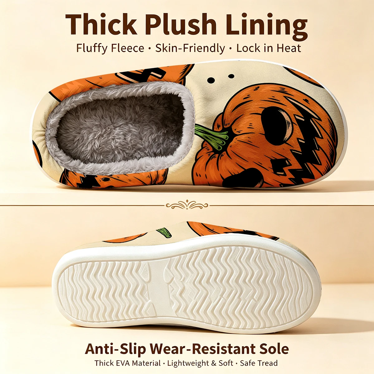 Halloween Pumpkin Print Christmas White Slippers Warm Plush Indoor Shoes Non-Slip Winter Slippers Family Holiday Gifts Soft view 6