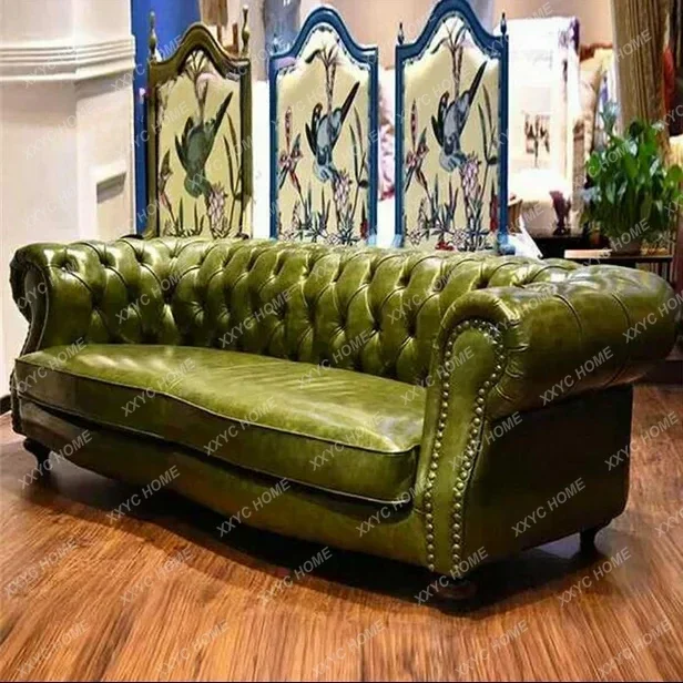 X-S Hot sales Retro Sofa Oil Wax Leather Green New Arrival Sofa Combination Large Relax Reclinable  Home Fu