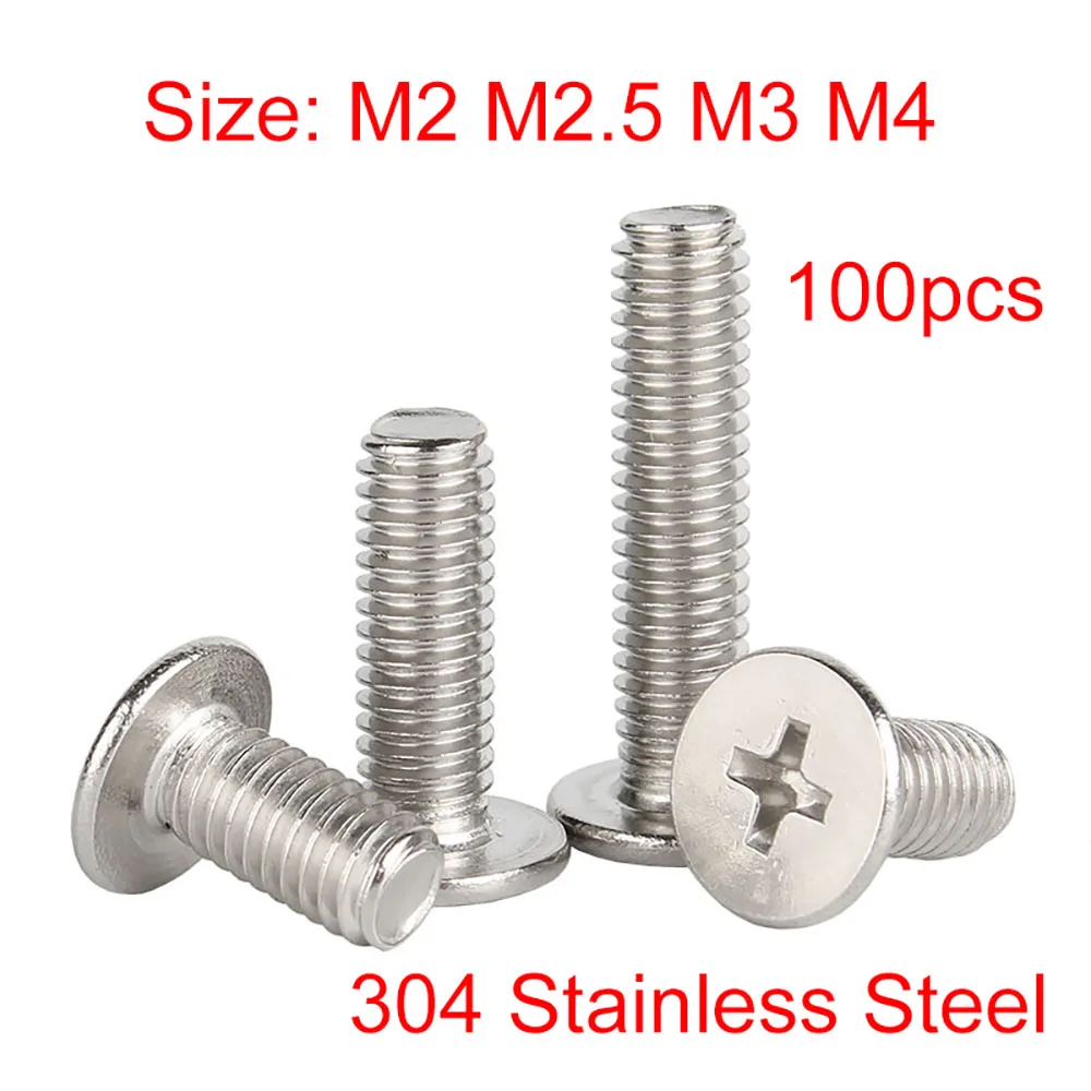 M2-M4 100Pc A2-304 Stainless Steel Super Thin Flat Head Phillips Machine Screws For Hard Drive PC Internal Hardware Installation