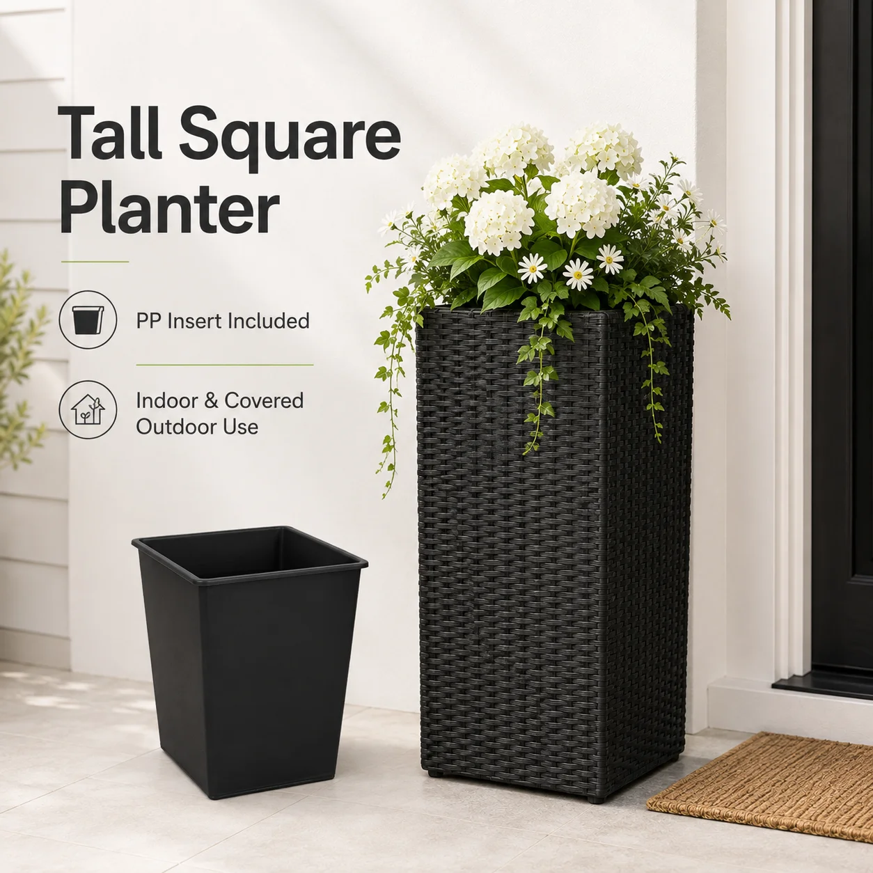 Tall Square Planter Box Black Resin Wicker Indoor Outdoor Plant Pot with PP Insert for Patio Porch Entryway Balcony Garden Decor