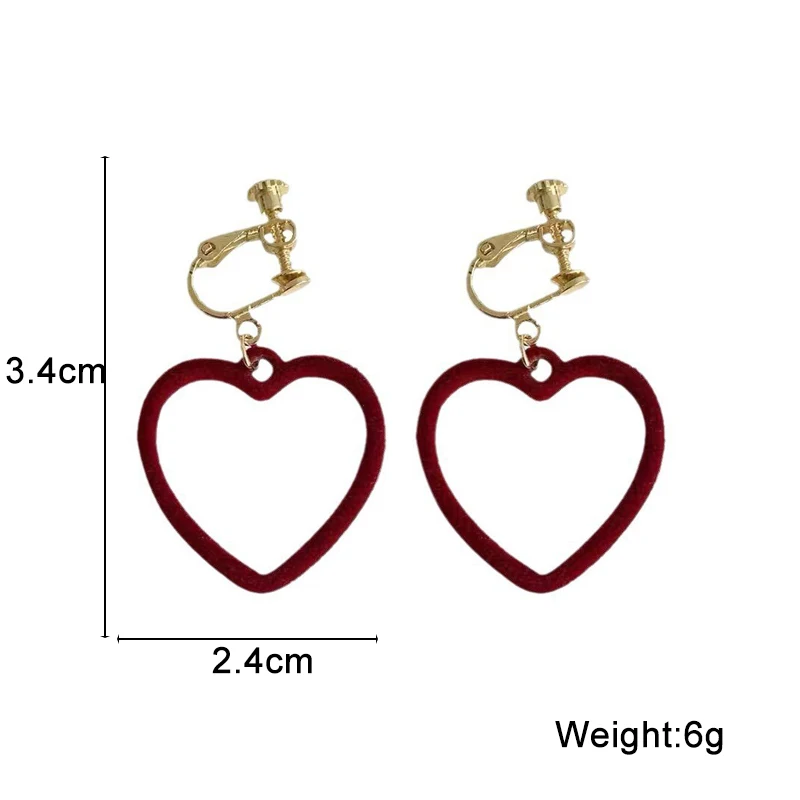 New Flocking Velvet Heart Clip Earrings without Piercing Wine Red Hollow Love Heart Pendants Ear Clips Korean Fashion Ear Cuff