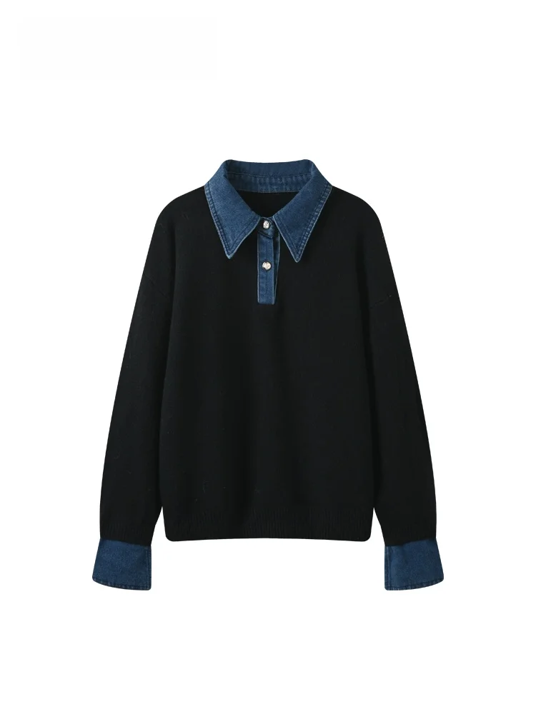 

Свитер CaraCLUB большого размера с длинными рукавами, повседневный, с джинсовыми вставками, имитация двухслойности, весенний топ для женщин