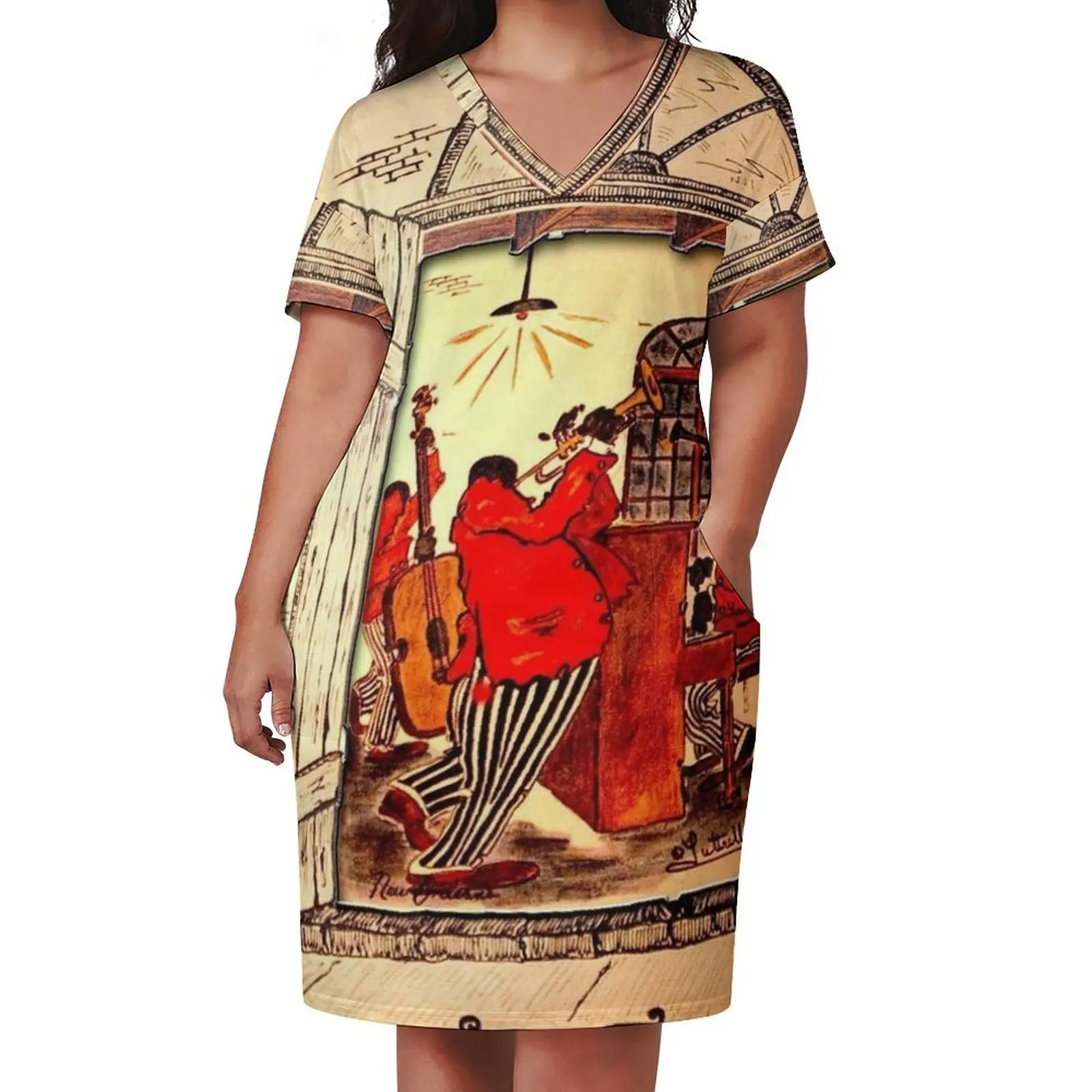 NEW ORLEANS: Vintage Mardi Gras Jazz Advertising Print Loose Pocket Dress women