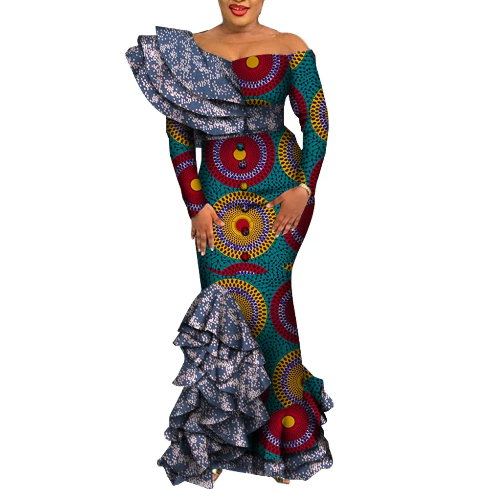 African Dresses for Women 2022 Elegant Bodycon Long Mermaid Dress Draped Ruffles African Print Dashiki Evening Dresses WY5995