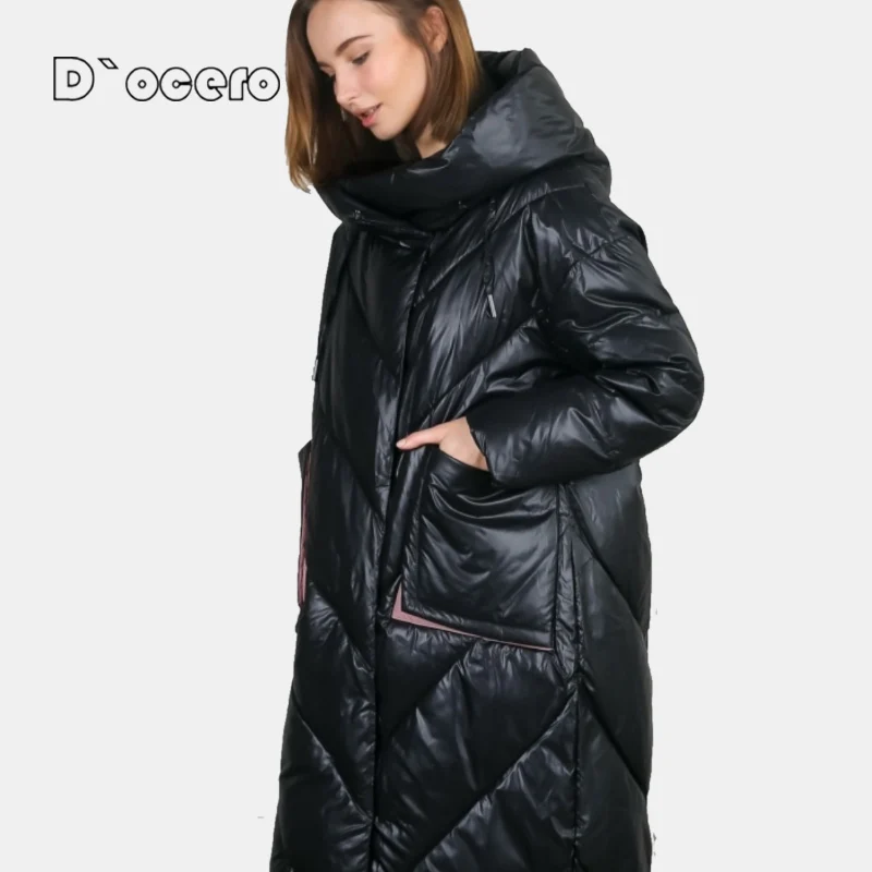 D`OCERO 2022 Fashion Loose Women\'s Winter Down Jacket Hooded Warm Winter Coat Large Size Parkas Female Big Pockets Long Overcoat