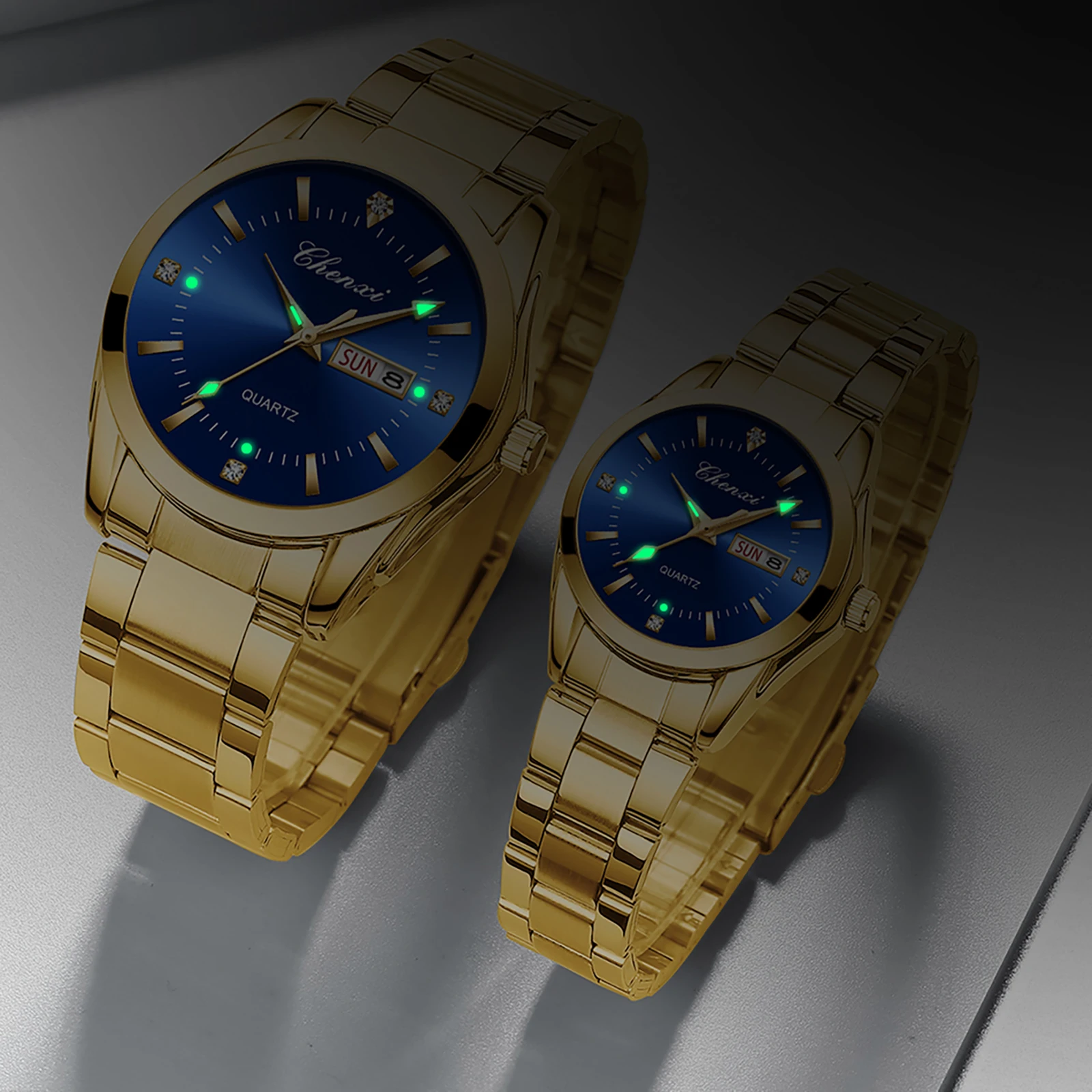 CHENXI-relojes de pareja dorados de acero inoxidable, resistente al agua, para hombre y mujer, par de relojes de cuarzo con calendario semanal de