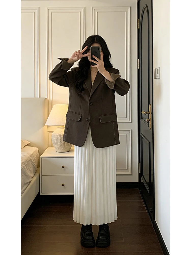 Retro Color Block Lapel Coat Women's Fashion High Waist Commute Workwear Polyester Fiber Long Sleeve Midi Single Button