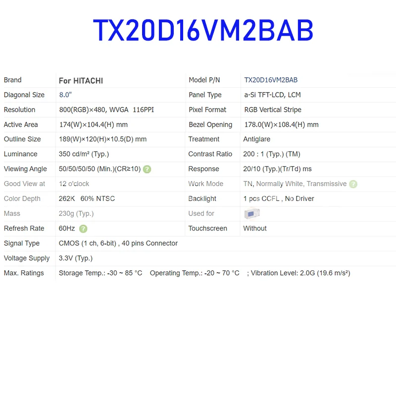 Painel de exibição LCD para HITACHI, TX20D16VM2BAB, 8,0 polegadas, 100% testado, novo, transporte rápido