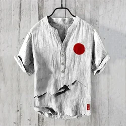 2024 New Linen Shirt 100% Men's Japanese Art Landscape Ink Bamboo Bird Fish 3D Printing Fashion Casual Henry V Neck Shirt