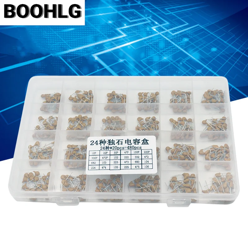 

480PCS 24 types of monolithic capacitor box set inkless ceramic capacitor sample box 10PF~10UF 50V