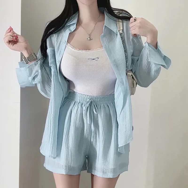 

Новая повседневная однотонная рубашка с длинными рукавами и короткими штанами, комплект, женский модный универсальный летний наряд ZILIHUA