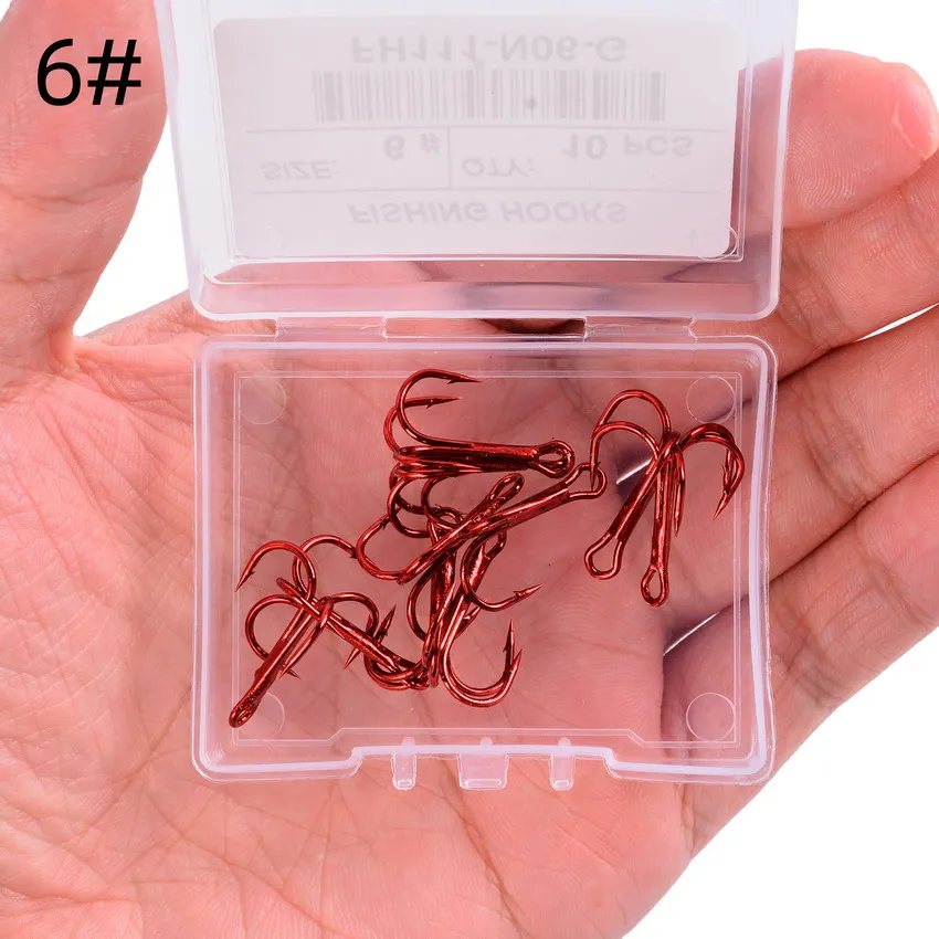 10pcs/lot Red 2/4/6/8/10# Fishing Hooks High Carbon Steel Treble Hook Round Bent Treble For Saltwater Bass Fishing Tackle Pesca