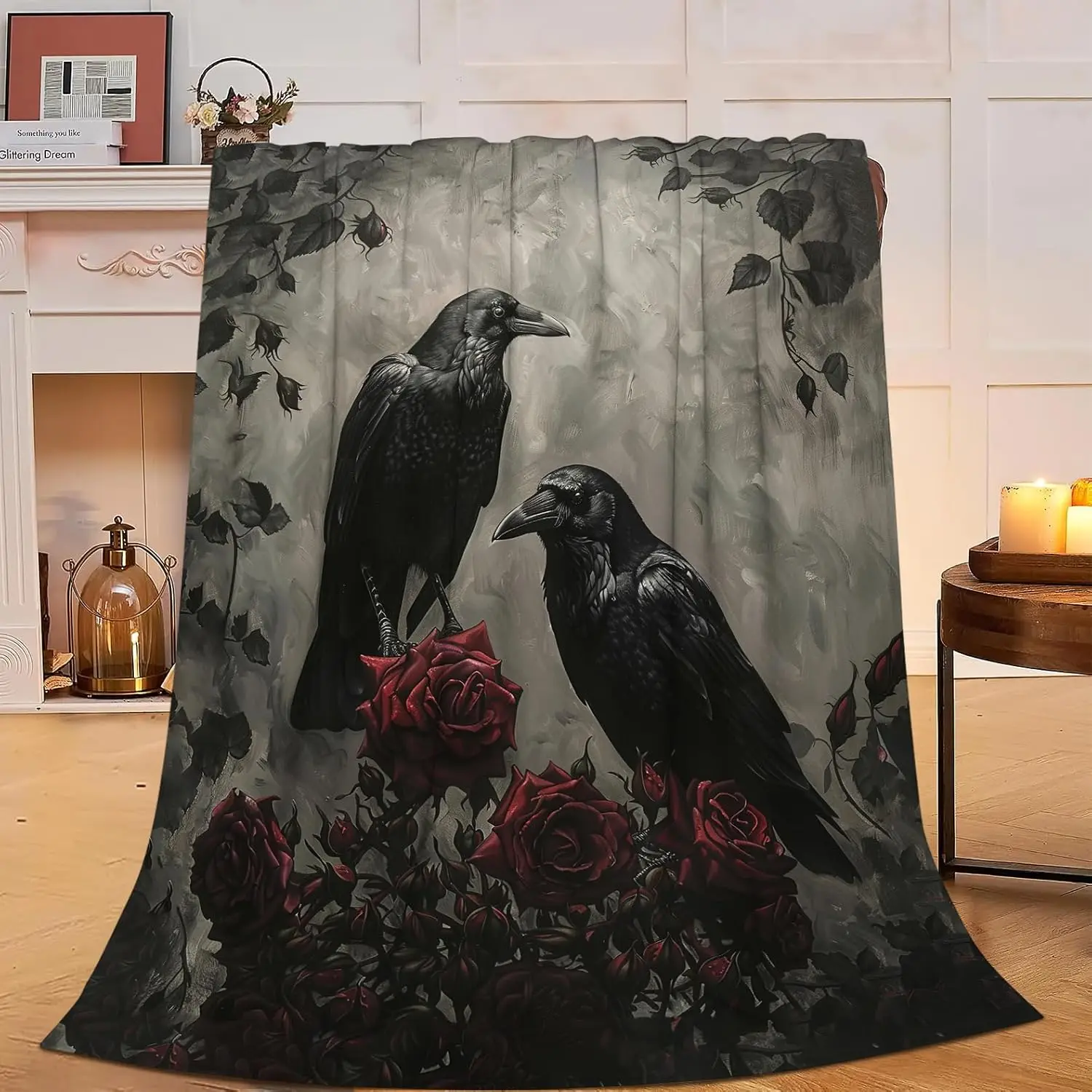 Gothic Crow & Raven Fleece Throw Blanket, Mystical Gift for Halloween Lovers, Dark Academia Decor for Bedroom Couch