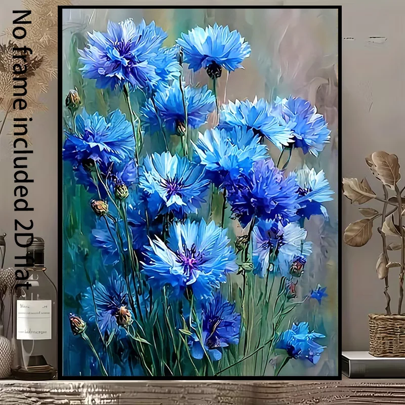 Blue Cornflowers Swaying in Breeze Frameless Canvas Painting Wall Art Print for Living Room Bedroom Dining Room Decor