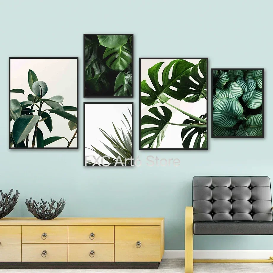 1PCS  Frameless  Tropical Green Plants Monstera Sisal Leaf Wall Art Canvas Painting Posters And Prints Wall Pictures Nordic For