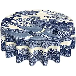 Chinese Blue Willow Soft Microfiber Round Table Cloth,Stain Wrinkle Resistant Washable Polyester 60 Inch Tablecloth for Dining