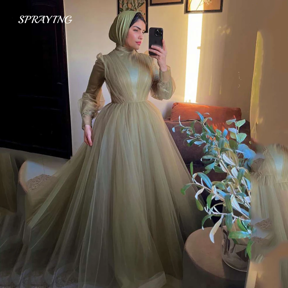 

SPRAYING Muslim Evening Dress Soft Tulle Long Sleeve Prom Gown Floor Length Formal Occasion Dresses For Saudi Arabia Women