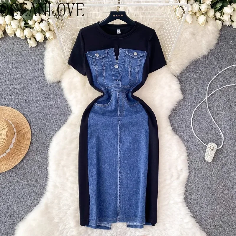 OCEANLOVE Fake 2 Pieces Women Dresses Denim Contrast Color Spring Summer Vestidos Korean Fashion Vintage Elegant Long Dress