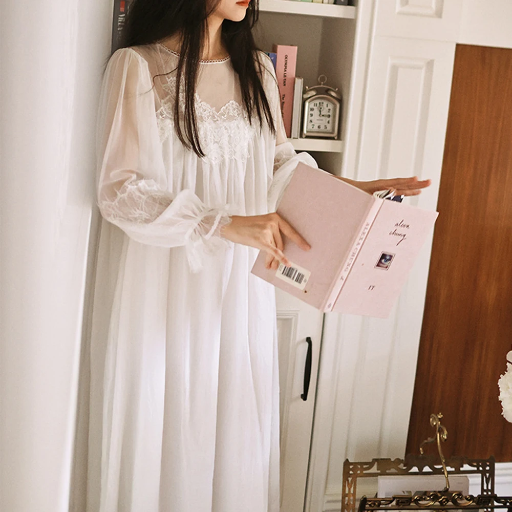 2024 New Women Beautiful Nightgown Fairy Long White Pink Nightdress Retro Palace Lace Gauze Morning Robe For Spring Summer