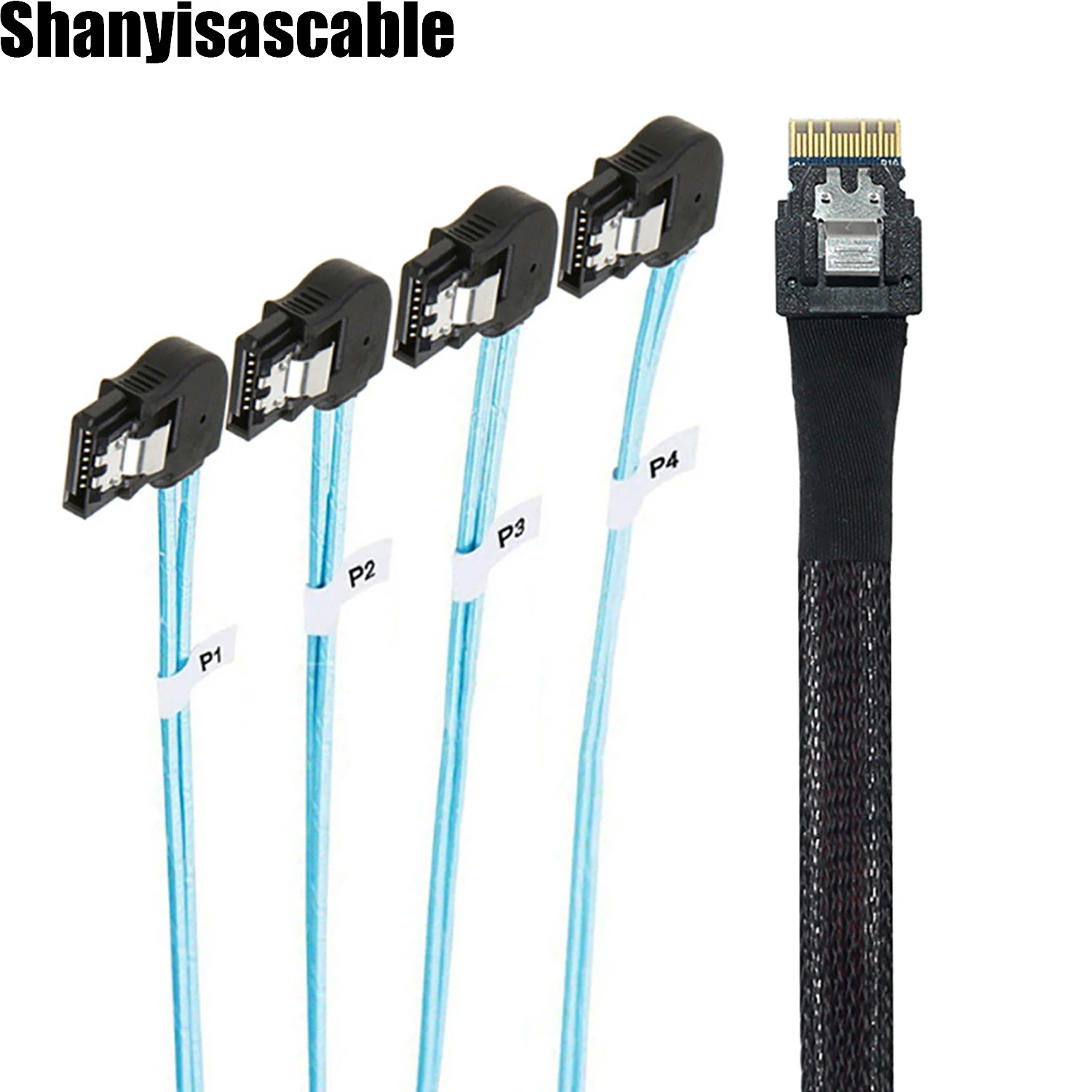 1.0M PCI-E Slimline SAS 4.0 38pin SFF-8654 4i 38pin Host to 4 SATA 7P female left angle Target cable