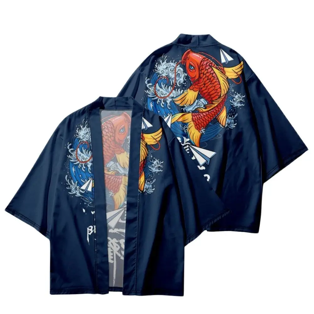 

Cartoon Red Carp Printed Blue Men Women Cardigan Cosplay Yukata Streetwear Loose Japanese Kimono Beach Shorts Shirt Haori