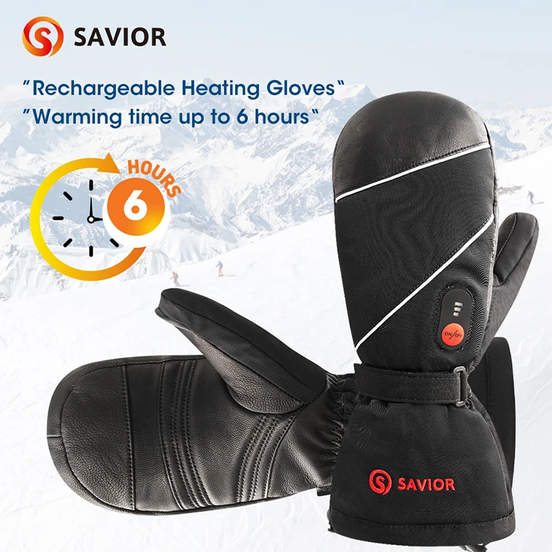 SAVIOR HEAT Winter Electric Heated Gloves Warm Men Women Sheepskin Leather Waterproof Rechargeable Battery Warm Hand Ski Gloves