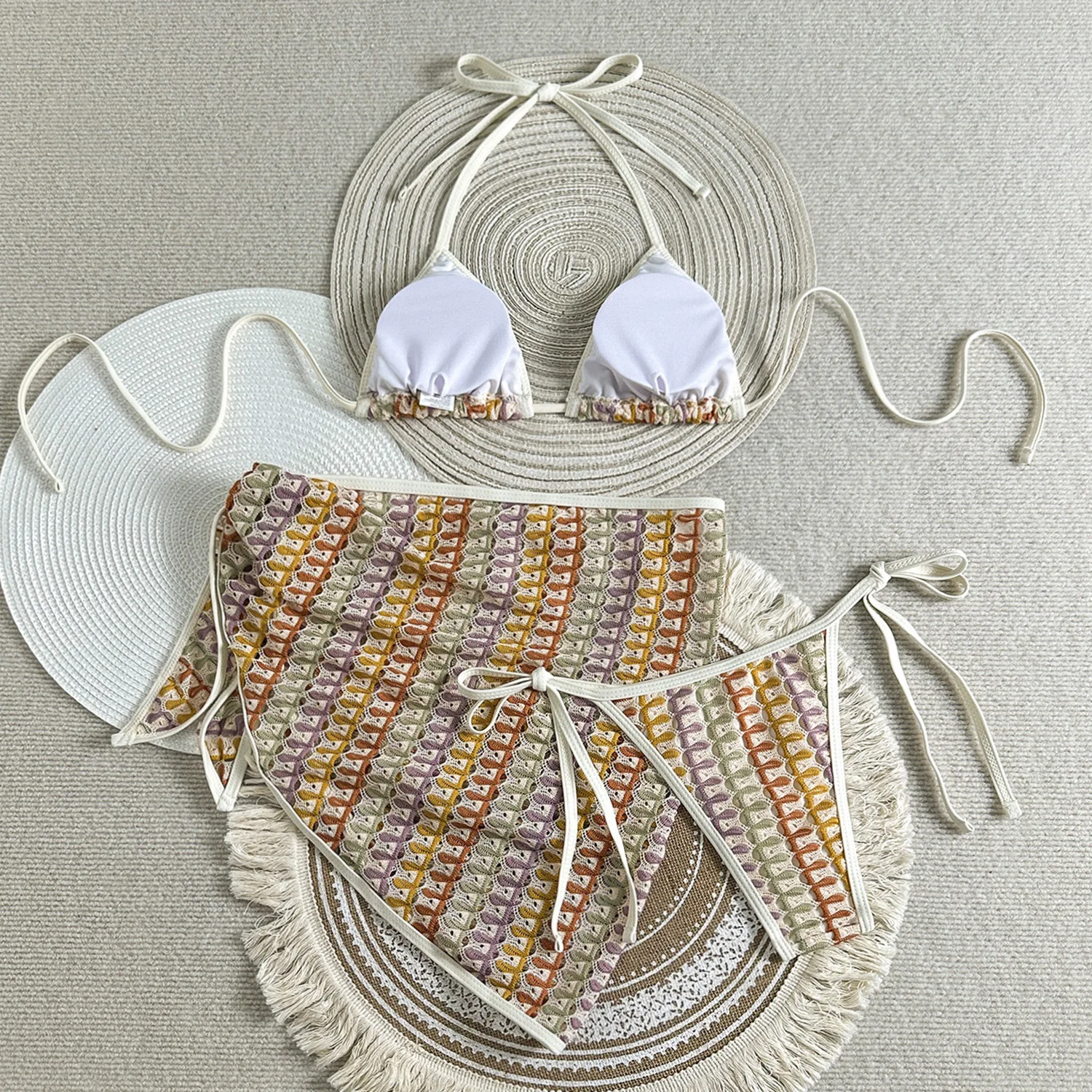 Sexy Patchwork-Mikro-Bikini-Sets, 3-teilig, mit Überzug, Rock, aushöhlen, Badebekleidung, Badeanzug, Strand-Outfits, Badeanzüge, Biquini, Tankini