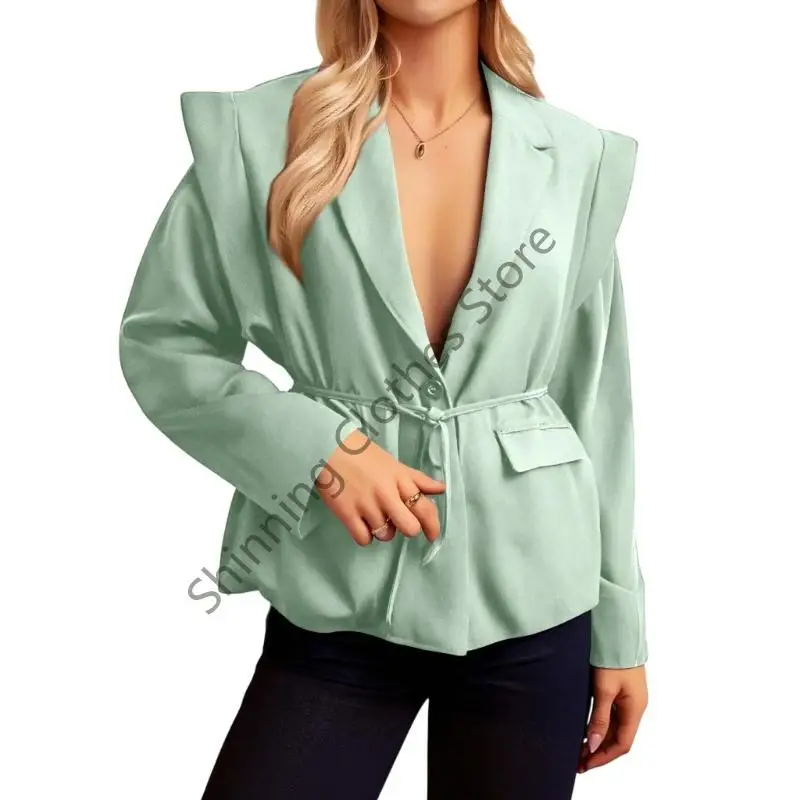 

M68A Womens Casual Loose Fit Suit Jackets V Neck Waist Frenulum Jackets Coat