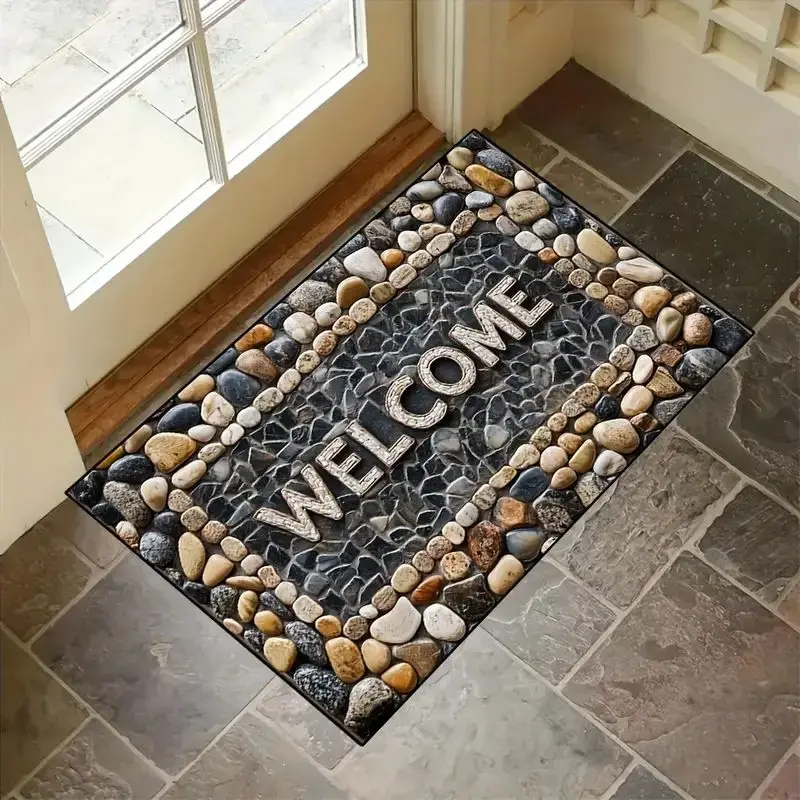 VIKAMA Pebble Stone Welcome Doormat, Non Slip Stain Resistant Machine Washable Outdoor Mat Home Decor