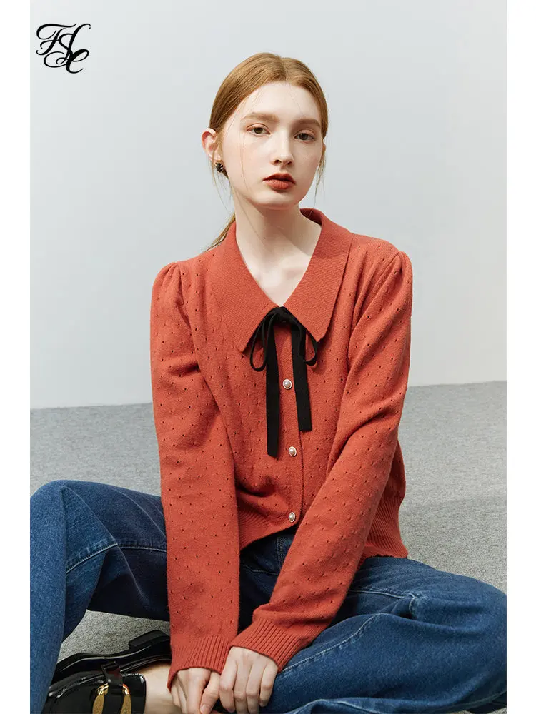 FSLE French Soft Waxy Sweater Women Fall Winter 2022 New Elegant All-match Peter Pan Collar Bow-knot Ribbon Female Knit Sweater