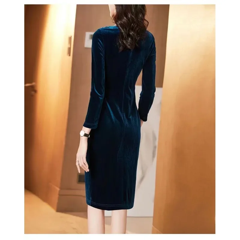 Gold Silk Velvet Long Sleeve Fleece Lined Thickened Women's Dress Fashionable Spring Autumn Season Trendy Wrap Around Skirt