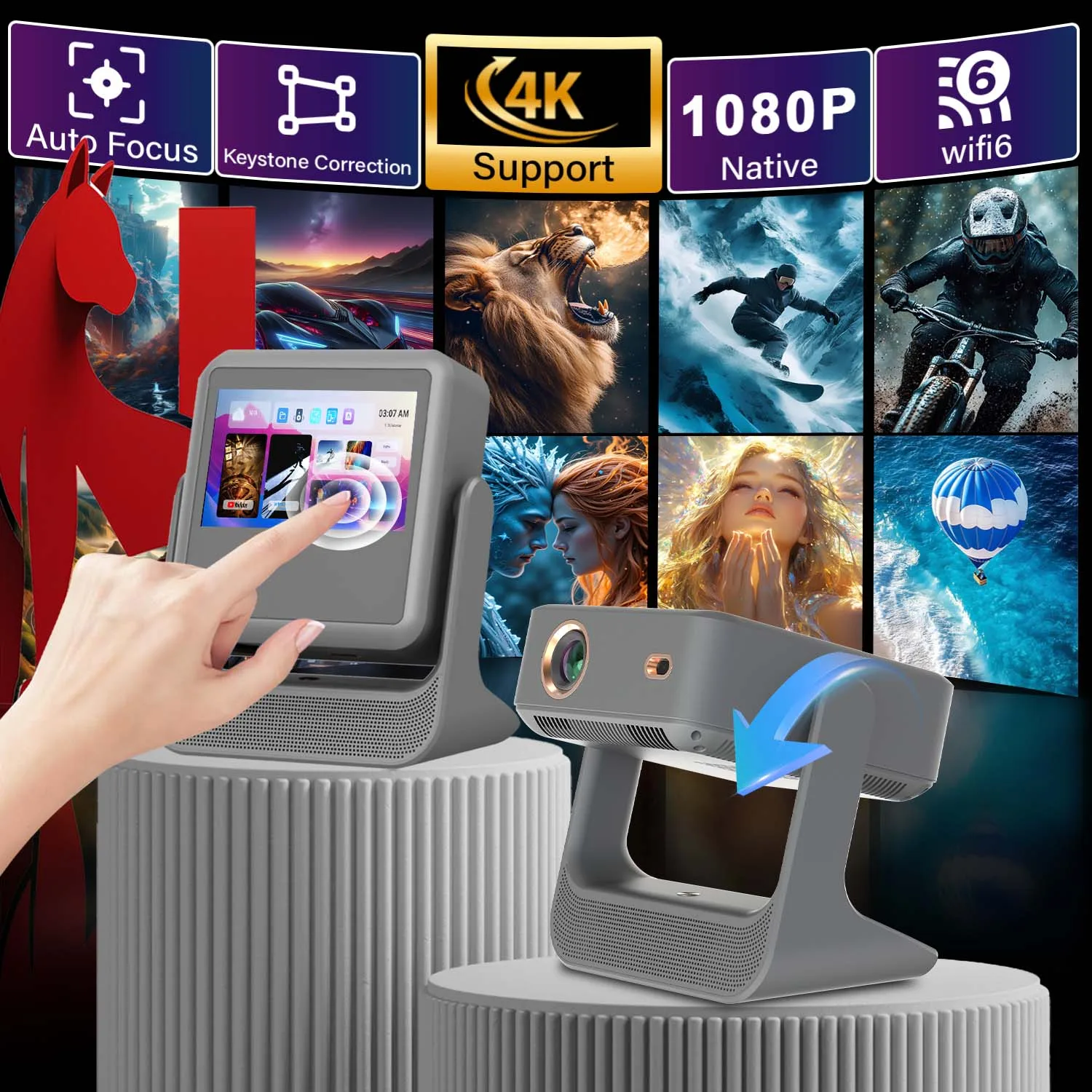 

Проектор 4K HD, сенсорный экран 8 дюймов, Wi-Fi Bluetooth, двойной экран, HDMI USB, караоке-геймер для домашнего кинотеатра