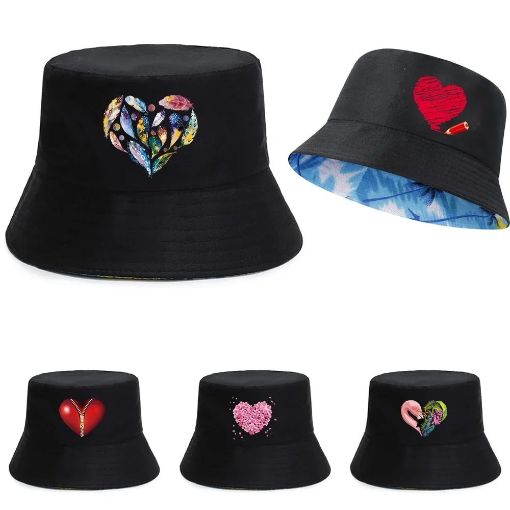 

Unisex Summer UV-proof Visors Cap for Boys/Girls Reversible Fisherman Caps Love Print Beach Fishing Hats Pure Cotton Bucket Hat