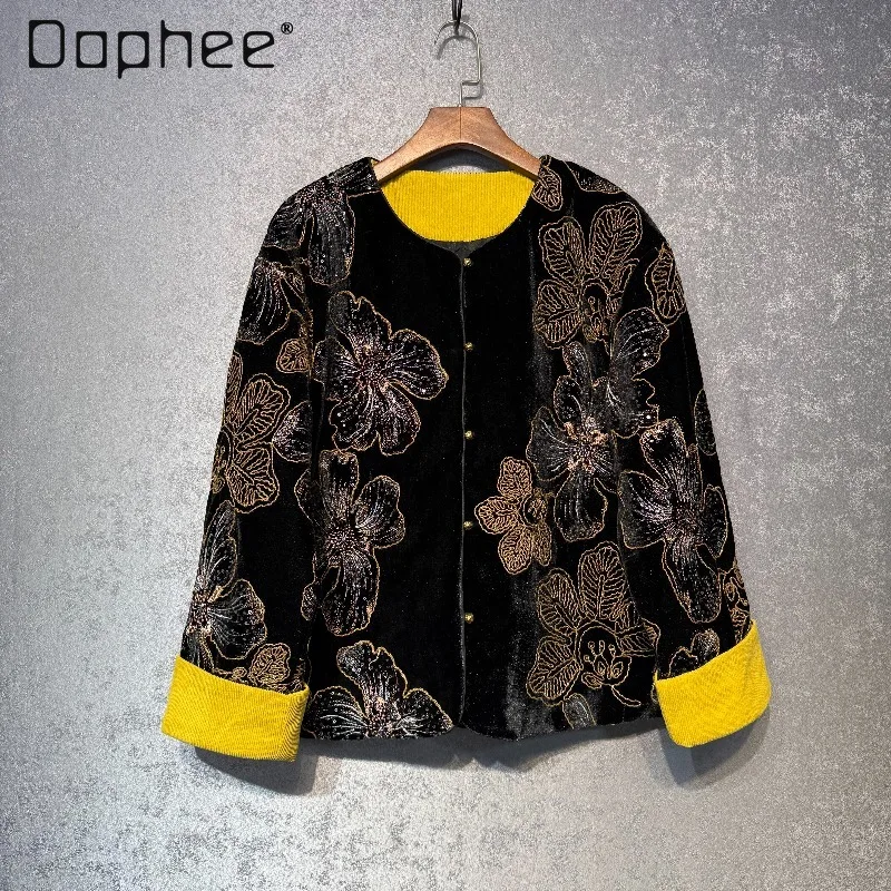 

New Chinese Style Color-Block Cuff Heavy Embroidery Sequin Velvet Padded Jacket High-End Luxury Socialite Elegant Cotton Coat