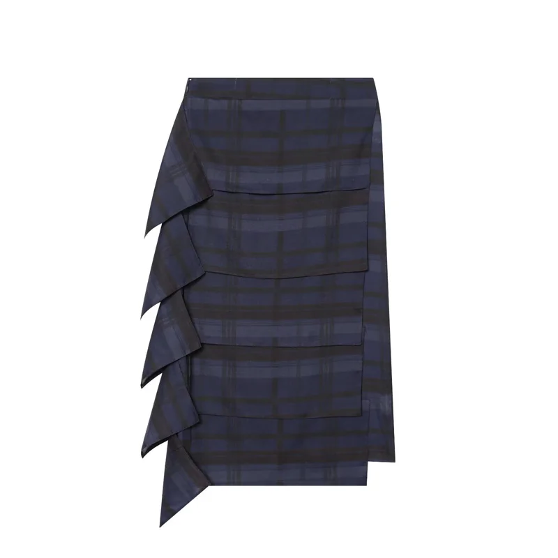 KEYANKETIAN 2026 Summer New Products Preppy Plaid Tiered Midi Skirt A-Line High Waist Asymmetrical Hem Straight A-line Skirt